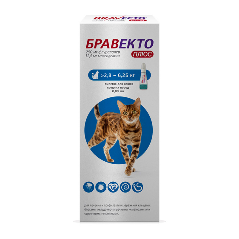 Бравекто Плюс капли на холку для кошек 250мг (2,8-6,2 кг) (1 пип/уп ...