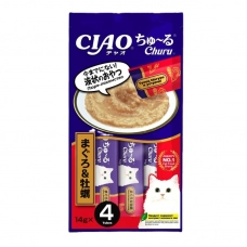 INABA CIAO крем-лакомство для кошек Churu пюре Тунец Магуро и устрица, 14 г х 4 шт