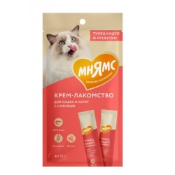 Мнямс крем-лакомство для кошек, тунец кацуо и креветки